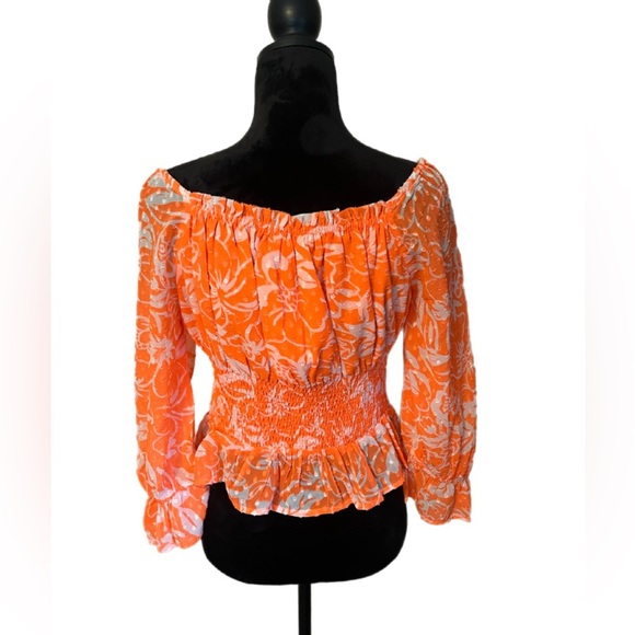 Biba Neon Orange Floral Smocked Blouse- Medium - Picture 4 of 5